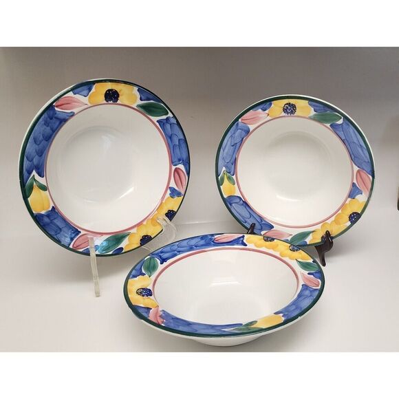 Pier 1 Hand Painted Serving Bowl Floral Multi-color Blue Yellow Italy 11” VTG - Picture 1 of 7